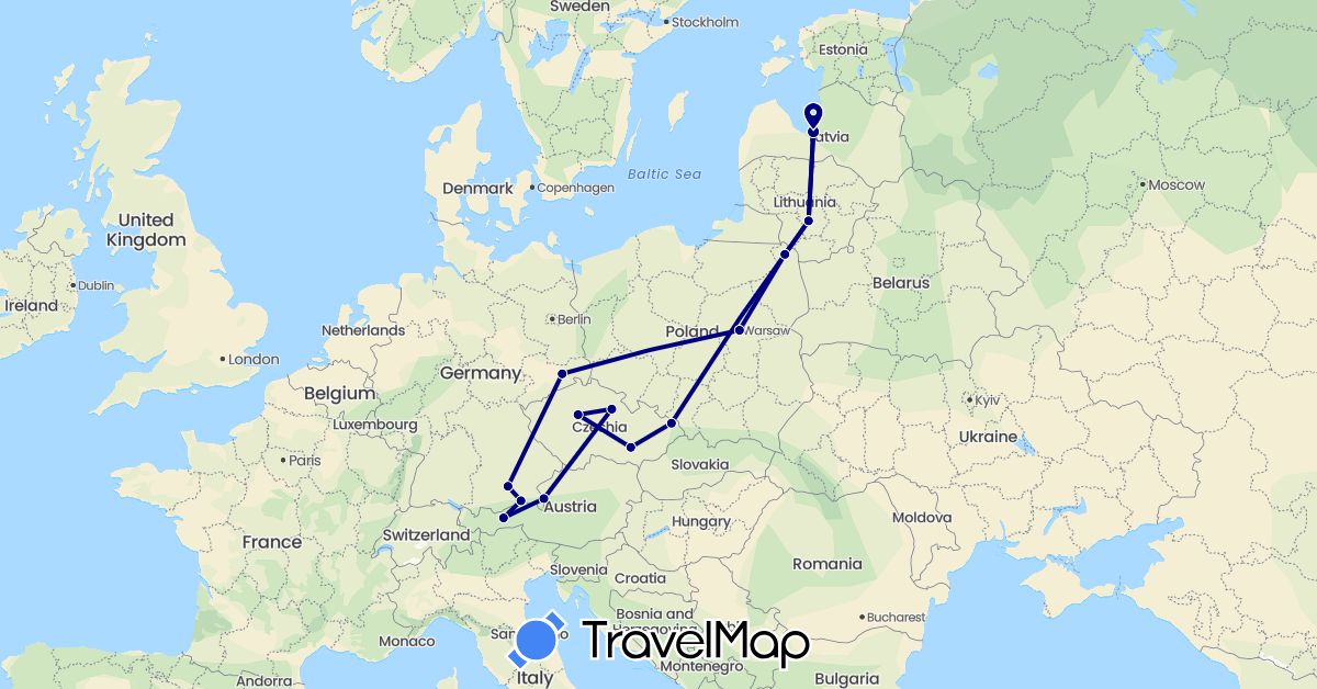 TravelMap itinerary: driving in Austria, Czech Republic, Germany, Lithuania, Latvia, Poland (Europe)